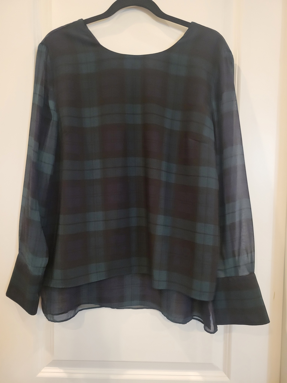 Ann Taylor Black & Dark Green Plaid Long-Sleeve Blouse, Black Watch Plaid
